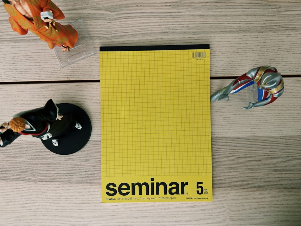 a table with a yellow book and a pair of scissors