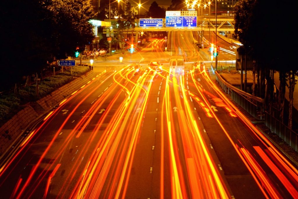 a busy street at night