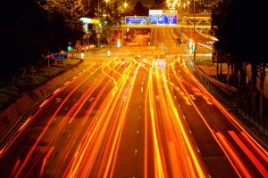 a busy street at night